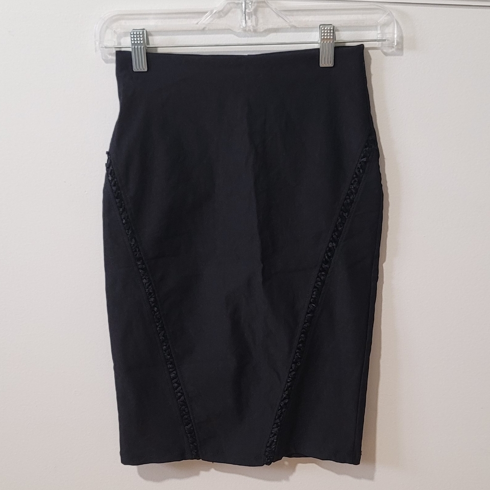 High Waisted Black Pencil Skirt with Braided Detail Small